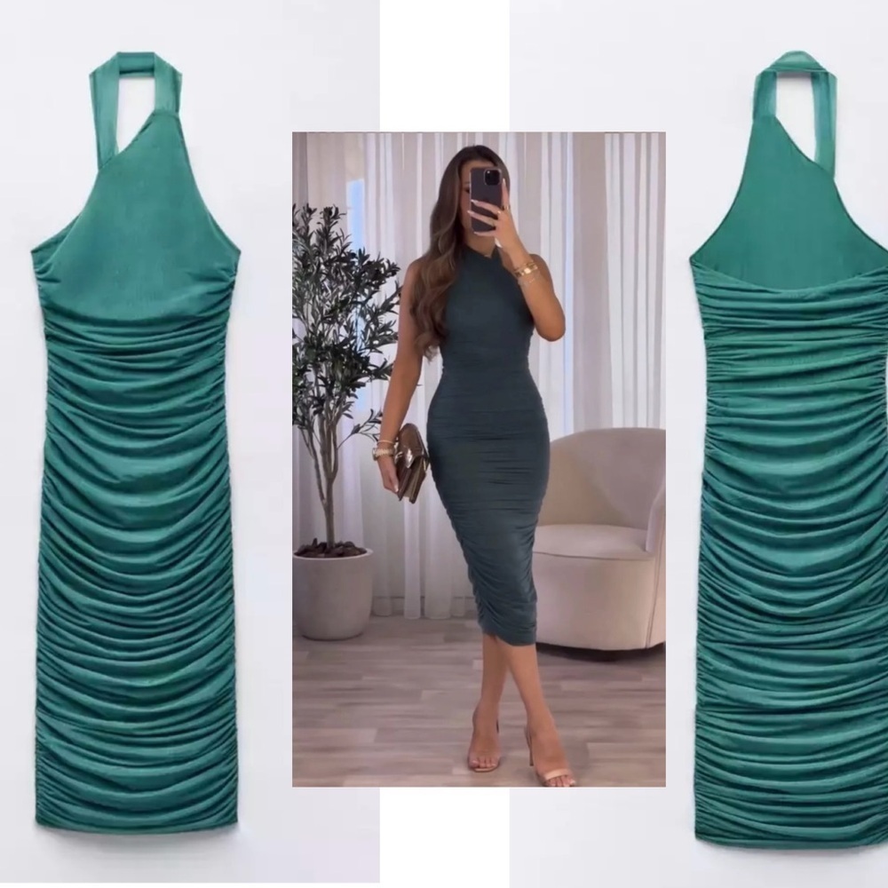 Zara Teal Blue Green Ruched Fitted Halter Organza bodycon midi Dress Sz M NWOT